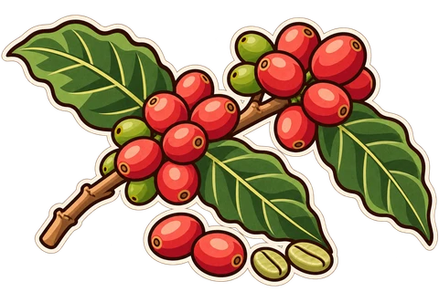 Coffee cherries and leaves on a branch, with two green coffee seeds below.