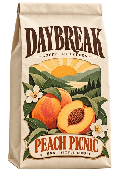 A kraft paper coffee bag labeled Daybreak Coffee Roasters, Peach Picnic, a sunny little coffee, with cut peaches, blossoms and a sunrise over green hills.